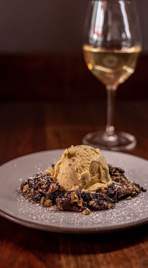 Warm Chocolate Cookie with Pistachios and Pistachio Ice Cream at Red Cork Bistro in Mukilteo
